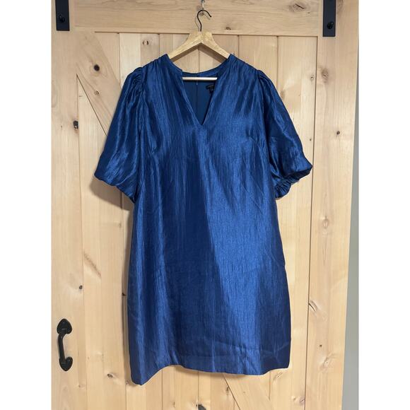 Ann Taylor | Shimmer Puff Sleeve Shift Party Dress in Blue | Size 16 - Picture 1 of 12